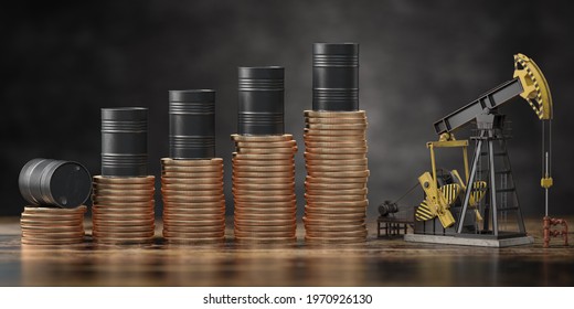 Oil barrels on stack of golden coins and oil pump jack. Growth rise of oil stock prices and growth of extraction concept. 3d illustration
