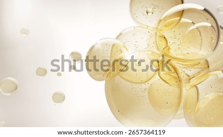 Oil bubbles texture 3d background. Gold liquid transparent drops of serum, collagen gel or retinol vitamin. Cosmetic skincare essential product. Yellow water, honey or syrup blobs. 3D Illustration