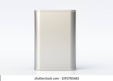 Oil can. Blank metal rectangular tin can isolated with clipping path around can on white background. Front view. 3d illustration