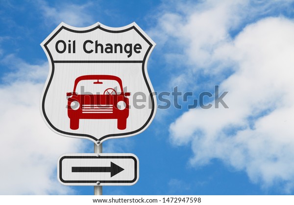 Oil change with car route 66 USA highway\
road sign with sky background 3D\
Illustration
