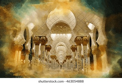 Oil Color Painting Of Abu Dhabi Mosque 