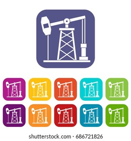 Oil Derrick Icons Set  Illustration In Flat Style In Colors Red, Blue, Green And Other