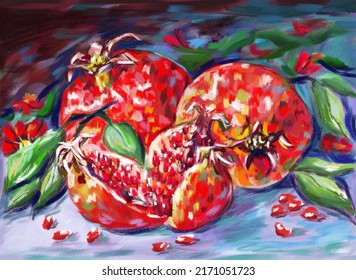 Oil digital painting still-life with pomegranates, colorful impressional style