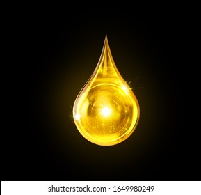 Oil Drop Isolated On Black Background, Golden Yellow Liquid Or Engine Lubricant Oil 3d Illustration.