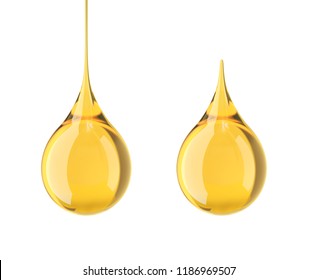 Oil Drop Isolated On White Background, Golden Yellow Liquid Or Engine Lubricant Oil 3d Illustration.