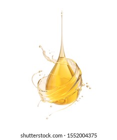 Oil Drop Isolated On White Background, Golden Yellow Liquid Or Engine Lubricant Oil 3d Illustration.