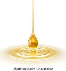 Oil Drop With Ripple, Golden Yellow Liquid Or Engine Lubricant Oil 3d Illustration.