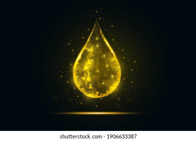 
oil droplet with low poly wireframe with dots and stars. Fresh engine oil,vegetable oil or liquid eco nature illustration