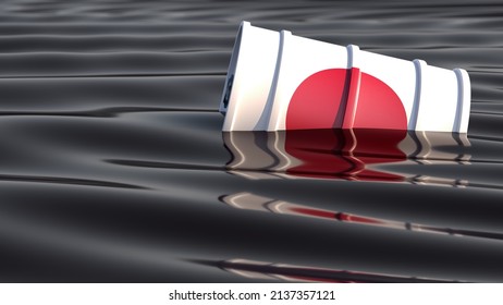 Oil Drum With Japan National Flag Swimming In An Ocean Of Black Oil. 3D Rendering