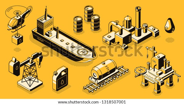 Oil extraction and refinery, petroleum\
industry transport, objects and buildings line art, isometric s\
set. Gasoline producing icons collection with oil platform, plant\
and tanker\
illustrations