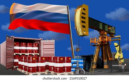 Oil Field With Flag Russia. Urals Oil Production. Concept Extraction And Processing Of Petroleum. Sea Containers With Barrels Fuel. Sale Of Oil From Russia. Import Fuel And Hydrocarbons. 3d Image.