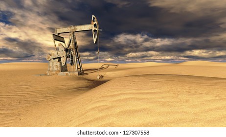 Oil Field Pump Jacks At  Sand With Dark Clouds In Background