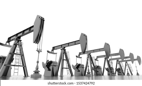 Oil Field, Pumpjacks And Pipelines. Digital 3D Render Concept.