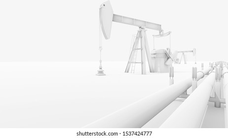 Oil Field, Pumpjacks And Pipelines. White Material Digital 3D Render Concept.