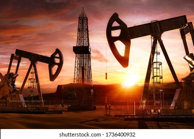 Oil gas exploring, production business. Oil pumps, drilling derricks from oil field silhouette at sunset. Crude shale oil, industry, petroleum fuel production 3D background with pump jacks, drill rigs