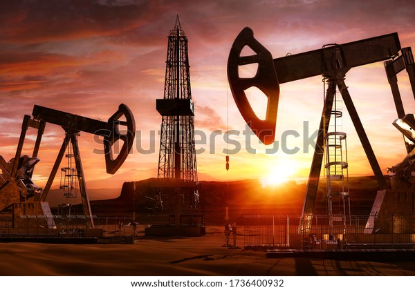 Oil gas exploring, production business. Oil pumps,\
drilling derricks from oil field silhouette at sunset. Crude shale\
oil, industry, petroleum fuel production 3D background with pump\
jacks, drill rigs