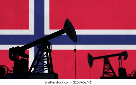 Oil And Gas Industry Background. Oil Pump Silhouette Against Norway Flag. 3D Rendering