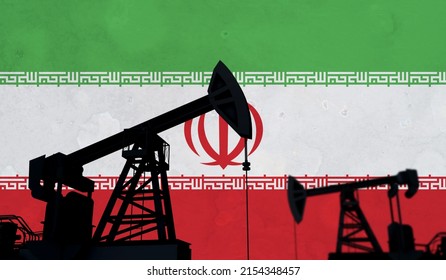 Oil and gas industry background. Oil pump silhouette against iran flag. 3D Rendering