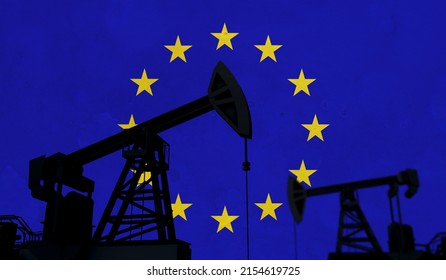 Oil and gas industry background. Oil pump silhouette against european union flag. 3D Rendering