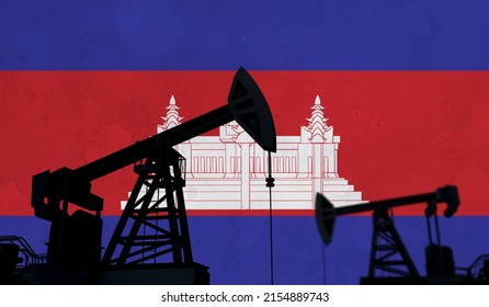 Oil and gas industry background. Oil pump silhouette against a cambodia flag. 3D Rendering