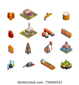 Oil Gas Industry Isometric Icons Set With Offshore Platform Drilling Rig And Tanker Vessel Isolated  Illustration  