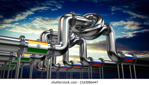 Oil Or Gas Pipeline, Flags Of India And Russia - 3D Illustration