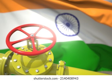 Oil Or Gas Pipeline Valve And Flag Of India.  3D Rendering