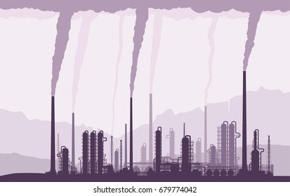 Oil And Gas Refinery Or Chemical Plant With Smoking Chimneys. Crude Oil Processing And Refining. Raster Illustration