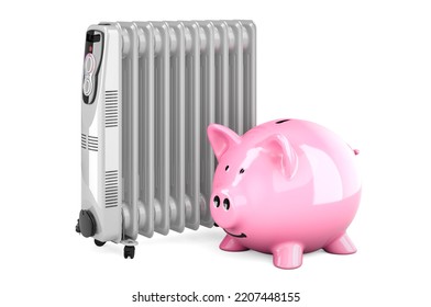 Oil Heater With Piggy Bank. Saving Energy Consumption Concept. 3D Rendering Isolated On White Background