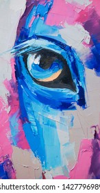 Oil horse portrait painting in multicolored tones. Conceptual abstract painting of a horse head. Closeup of a painting by oil and palette knife on canvas.