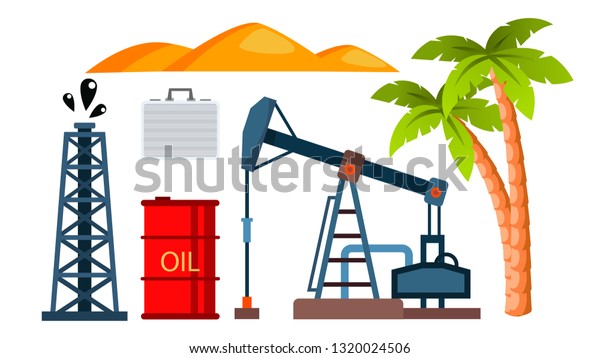 Oil Icons Production Extraction . Flat\
Cartoon Illustration