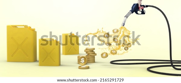Oil increase fuel and Rising gas prices\
concepts for Gold coins flowing from the fuel pump nozzle with drop\
oil. fuel economy, more expensive fuel price, banner, Copy space,\
website -3d\
Rendering