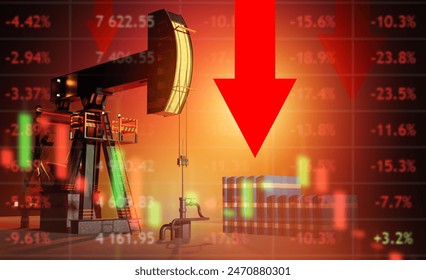 Crisis de la industria petrolera. Depósito de petróleo en rojo. Bomba de aceite cerca de la flecha abajo. Caída del Precio de energía. Disminución de los niveles de producción de petróleo. Barriles de petróleo casi negativos. Imagen 3d.