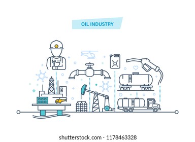 Oil Industry, Pipe, Gasoline Tank, Industrial Plant. Employee Of The Oil Industry Is Engaged In The Extraction And Transportation Of Resources. Illustration Thin Line Design Of Doodles.