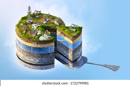 Oil market 3D isometric concept. Soil layers cross section, oil pump jack, derrick drill rig. Crude oil resources drilling, extraction, shale oil fuel industry, petroleum production business price war