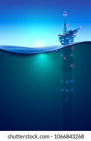 Oil offshore Drilling Platform in the ocean at dawn. Beautiful background for oil industry. Oil rig in the light of lanterns and spotlights. Split view over and under water surface. Classic spar.