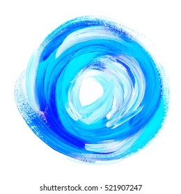 Oil Paint Abstract Blue Round Backdrop. Acrylic Brush Stroke In Circle. Handmade Paint Background In Fresh Colors. Acryl Color Abstract Wet Brush Paint Vertical Streaks Background Element For Print