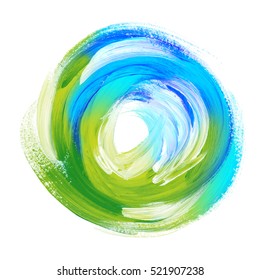 Oil Paint Abstract Green Round Backdrop. Acrylic Brush Stroke In Circle. Handmade Paint Background In Fresh Colors