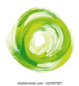 Oil Paint Abstract Green Round Backdrop. Acrylic Brush Stroke In Circle. Handmade Paint Background In Fresh Colors