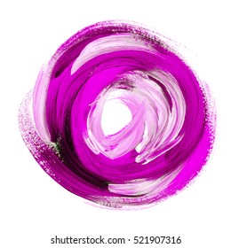 Oil Paint Abstract Pink Round Backdrop. Acrylic Brush Stroke In Circle. Handmade Paint Background In Purple Colors