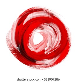 Oil Paint Abstract Red Round Backdrop. Acrylic Brush Stroke In Circle. Handmade Paint Background In Scarlet Colors