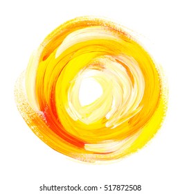 Oil Paint Abstract Yellow Sun. Acrylic Brush Stroke In Circle. Handmade Paint Background In Hot Colors