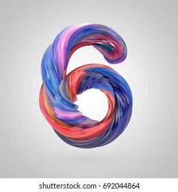 Oil Paint Number 6. 3D Render Font Drawn With Oil Paint Isolated On White Background.