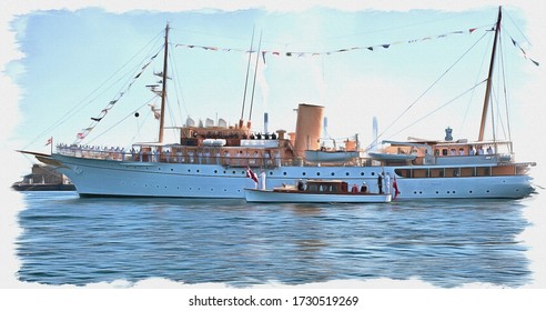 Oil Paint On Canvas. Picture With Photo, Imitation Of Painting. Illustration. Royal Yacht Dannebrog Was Built In 1932. Today It Serves As The Official And Private Residence Of The Royal Family