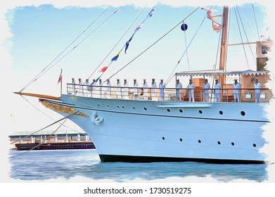 Oil Paint On Canvas. Picture With Photo, Imitation Of Painting. Illustration. Royal Yacht Dannebrog Was Built In 1932. Today It Serves As The Official And Private Residence Of The Royal Family