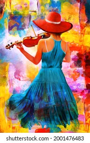 Oil Painting - abstract colorful painting of A girl playing the violin with red hat. Collection of designer oil paintings. Decoration for the interior. Modern abstract canvas art. vintage