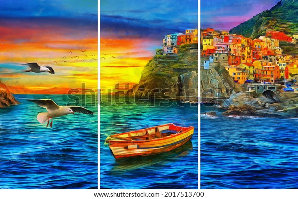 oil painting of amazing landscape of Cinque terre. collection of designer. Decoration for interior. Contemporary abstract art on canvas. A set of pictures with different texture. Seagull. boat. sunset. Beach wall mural wallpaper. 