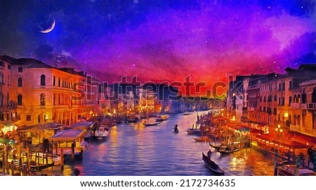 oil painting of Amazing night view on the beautiful Venice, Italy. Many gondolas sailing down one of the canals. watercolor, oil on canvas, wallpaper, buildings, river, sunset, art, artwork. stars. 