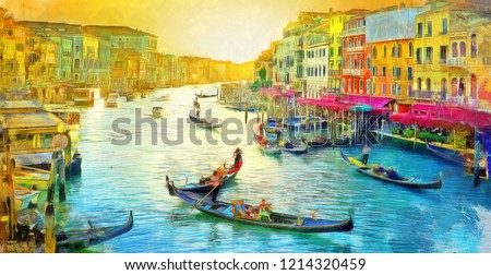 oil painting of Amazing view on the beautiful Venice, Italy. Many gondolas sailing down one of the canals. watercolor, oil on canvas, wallpaper, buildings, river, sunset, art, artwork