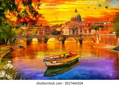 oil painting of Amazing view of St. Peter's cathedral and Tiber river in Rome, Italy. watercolor, oil on canvas, wallpaper, buildings, sunset, art, artwork. Basilica. boat